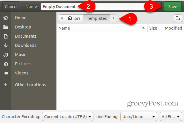 Spremite datoteku predloška praznog dokumenta u mapu Predlošci u Ubuntu