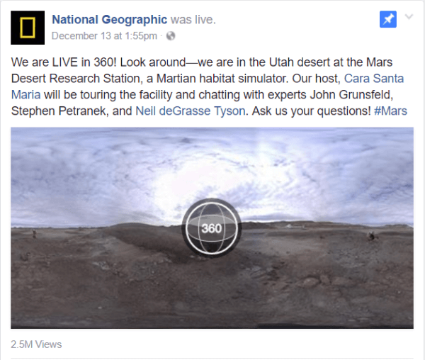 Facebook je ovog tjedna pokrenuo video zapis Live 360 ​​s izvještajem National Geographica iz pogona Istraživačke stanice Mars Desert u Utahu.