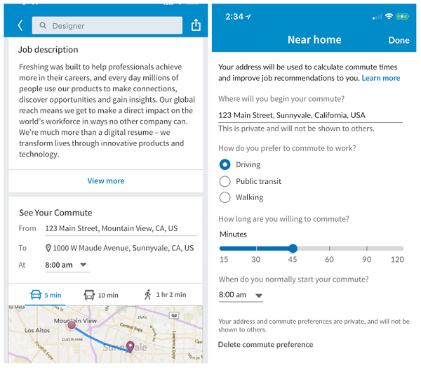 Članovi LinkedIn-a sada mogu vidjeti predviđena vremena putovanja na posao uobičajenog radnog dana od trenutne lokacije svog uređaja do poslova objavljenih na LinkedIn-u.