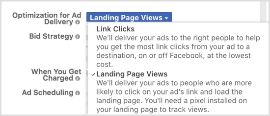 Optimizirajte isporuku oglasa na Facebooku za prikaze odredišne ​​stranice.