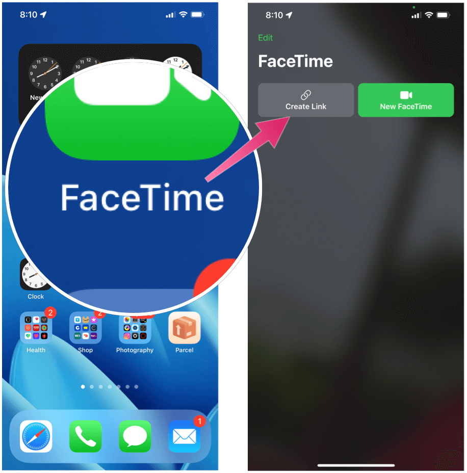 Pošaljite FaceTime Chat Pozovite FaceTime Create Link