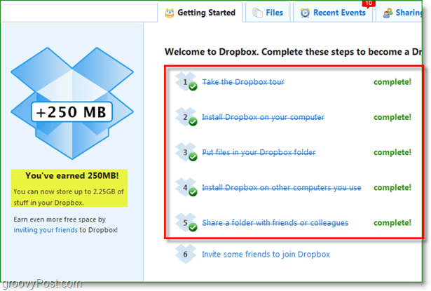 Snimka zaslona Dropboxa - prostor od 250MB brzo se nagrađuje