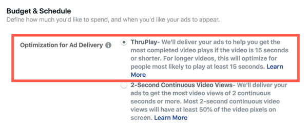 Facebook ThruPlay optimizacija za video oglase, korak 2.