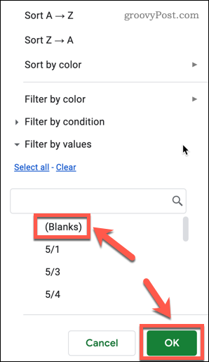 Filtriranje praznina u Google tablicama