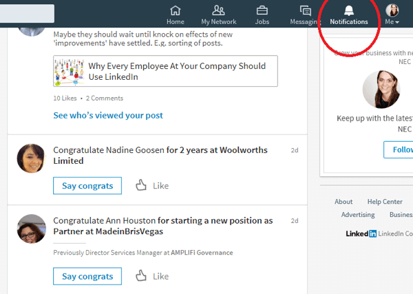 Kada kliknete ikonu Obavijesti, LinkedIn prikazuje veze koje su nedavno imale posebnu priliku.
