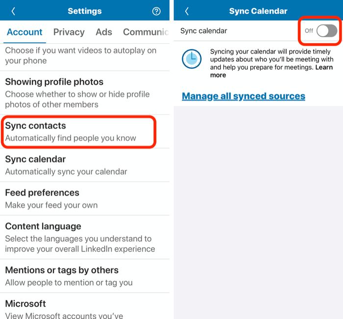 Opcija Sync Calendar u postavkama profila LinkedIn