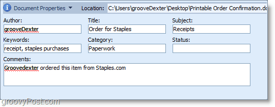 Prozor svojstava dokumenta u programu Microsoft Office 2010