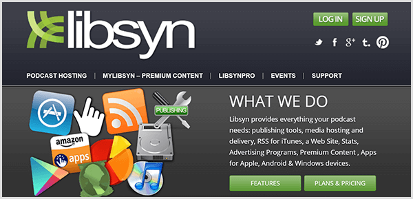 Chris Brogan koristi Libsyn za hostiranje audio datoteka za svoj Alexa blic brifing. Web stranica Libsyn sadrži navigacijske stavke za hosting podcasta, vrhunski sadržaj, profesionalne značajke, događaje i podršku.