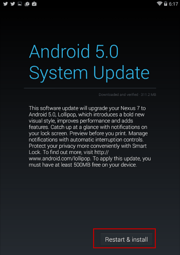ponovno pokrenite nexus 7 i instalirajte android 5