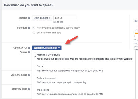 izbor za optimizaciju konverzije facebook oglasa