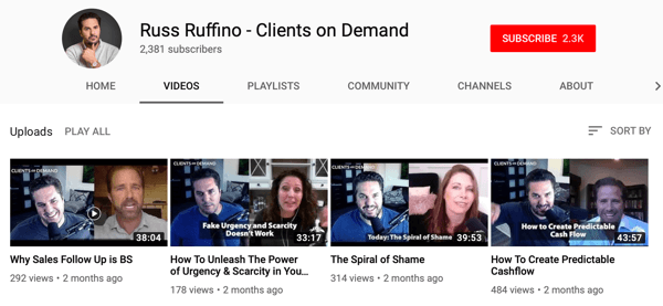 Načini za B2B tvrtke da koriste internetski video, Russ Ruffino uzorak YouTube kanala s video zapisima za intervjue