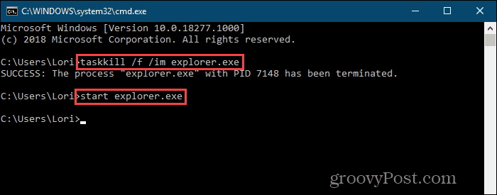 Uklonite postupak explorer.exe i ponovno ga pokrenite u naredbenom retku u sustavu Windows 10