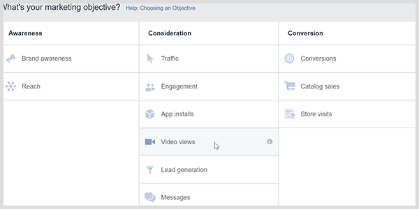 Facebook Ads Manager ima cilj pregleda videozapisa koji potiče Facebook da cilja ljude koji gledaju videozapise.