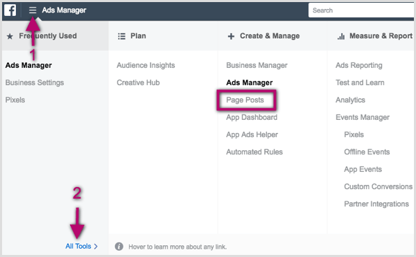 Opcija Page Posts u Facebook Ads Manageru