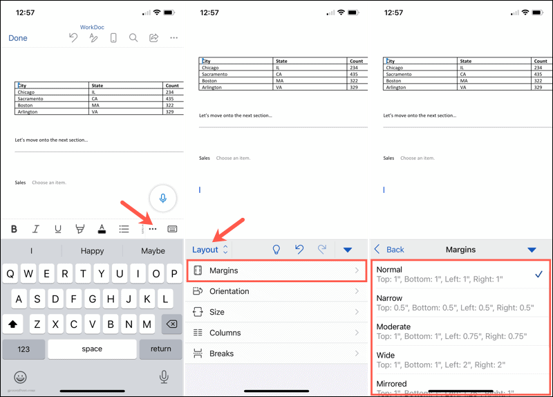 Promijenite margine u programu Word na mobilnom telefonu