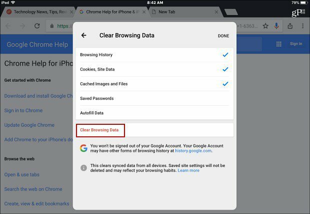 Očistite podatke preglednika za Chrome iOS