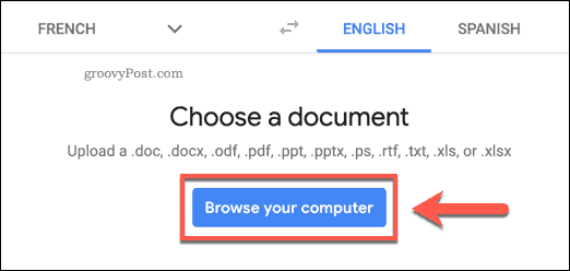 Gumb Pregledaj svoje računalo na web mjestu Google Translate