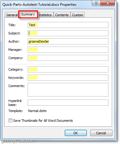 kartica sažetka omogućuje uređivanje naprednih svojstava dokumenta u programu Word 2010