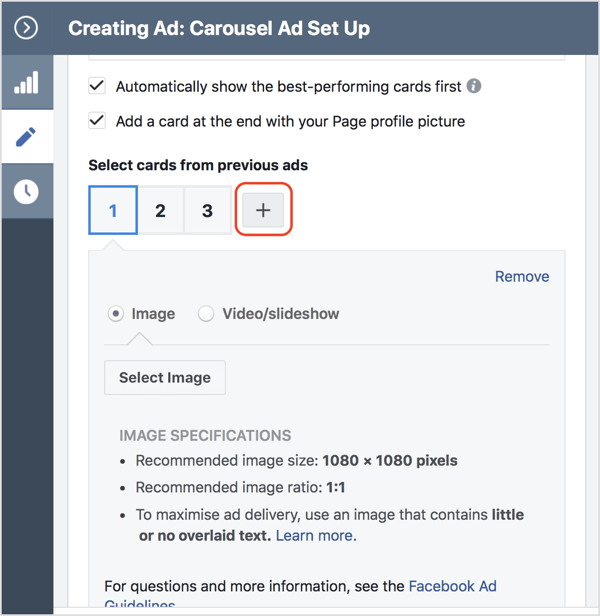 Kliknite ikonu + da biste dodali karticu na svoj Facebook oglasni karusel.