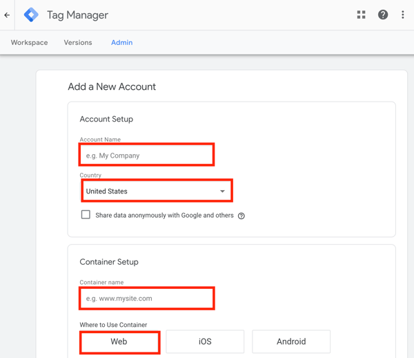Upotrijebite Google Tag Manager s Facebookom, korak 1, postavka za dodavanje novog računa Google Tag Managera