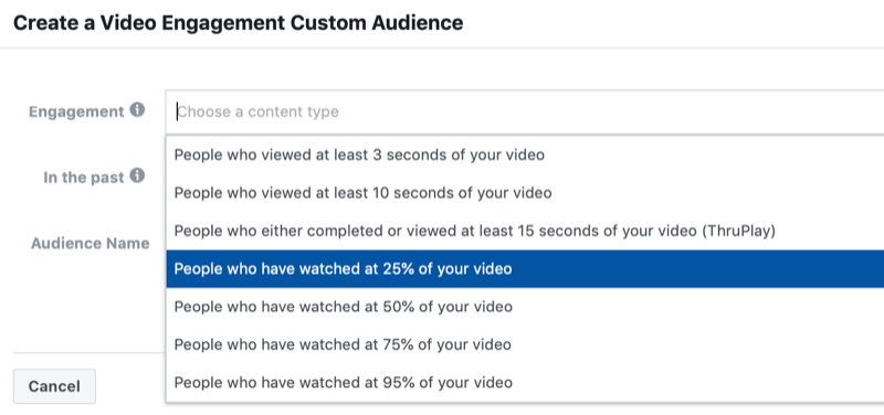 dijaloški okvir za stvaranje prilagođene publike za Facebook video angažman