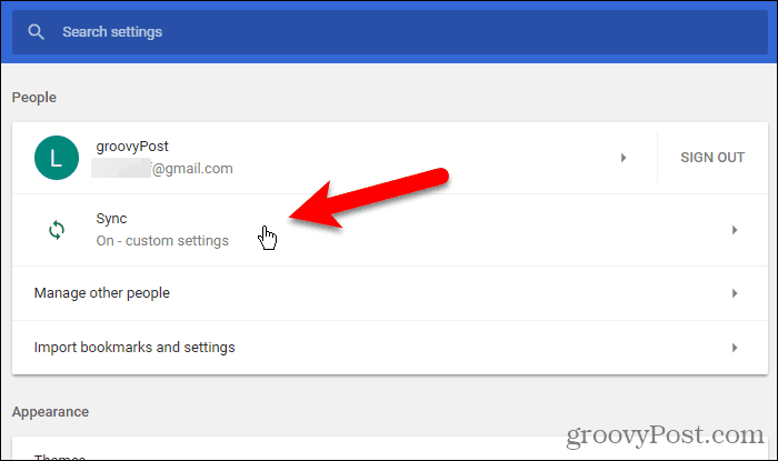 Kliknite Sinkronizacija u Postavkama u Chromeu za Windows