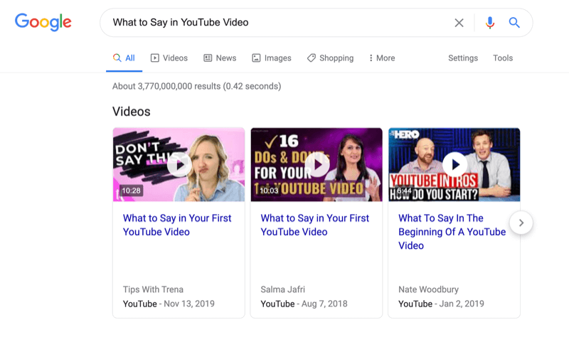 snimka zaslona Google pretraživanja za ono što treba reći u videozapisu na YouTubeu uz zabilježene rezultate pretraživanja videozapisa