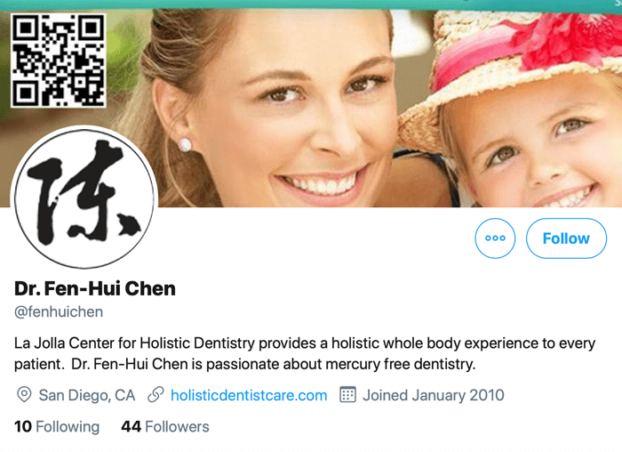 snimka zaslona twitter profila za @fenhuichen s vezom na njezinu web stranicu na kojoj su dostupni podaci za kontakt i rezervacija termina