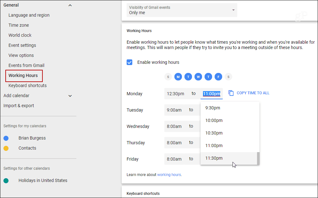 Odredite radno vrijeme Google Kalendara za pojedine dane