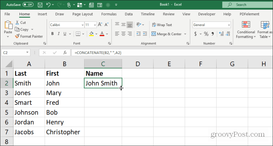 koristeći konkanat za imena u Excelu