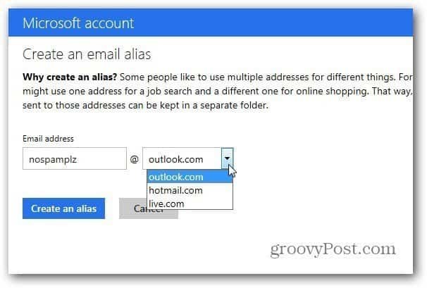 Podrška za račun računa za Microsoft Anding Outlook.com za alias