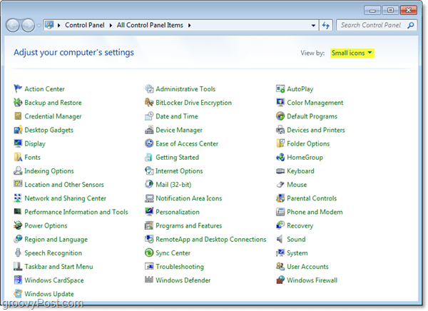 Windows 7 upravljačka ploča automatski u prikazu malih ikona