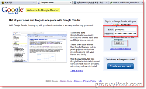 Stranica za prijavu na Google Reader:: groovyPost.com