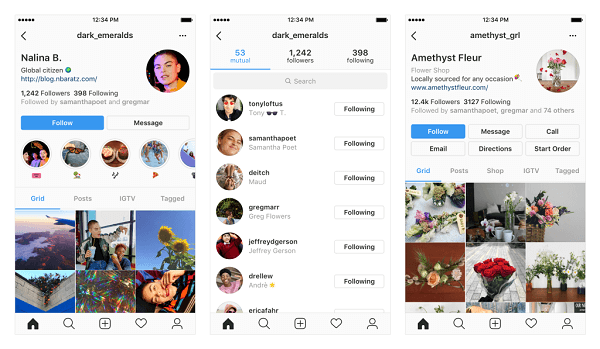 Primjeri potencijalnih promjena na vašem Instagram profilu.