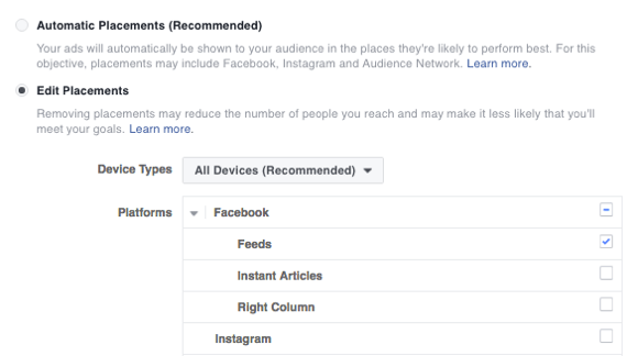 Odaberite položaj za svoj Facebook oglas.