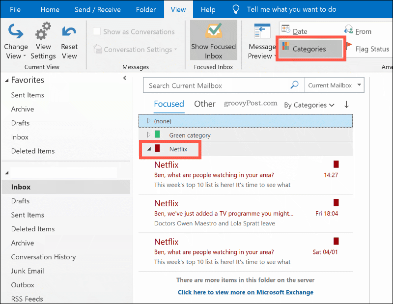 E-poruke razvrstane prema kategoriji boja u programu Outlook