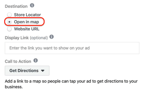 Otvorite u Map opciji odabranoj na razini oglasa u Facebook Ads Manageru
