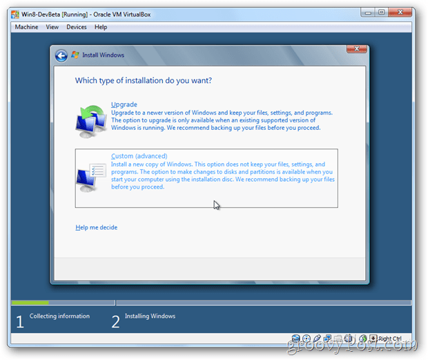 VirtualBox Windows 8 odaberite prilagođenu instalaciju