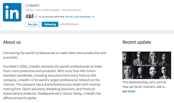 Provjerite svoju sliku, O nama i ažuriranja na stranici tvrtke LinkedIn.