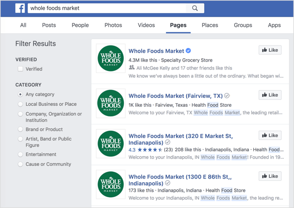 Pojedinačne stranice lokacije prikazuju se u pretraživanju Facebooka.