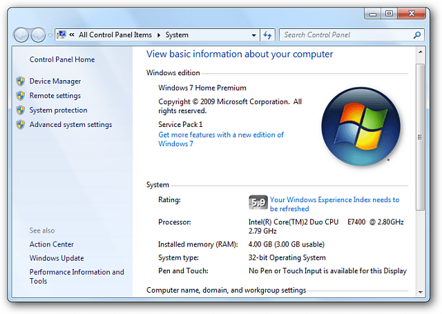 WEI alat Windows 7