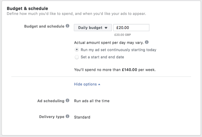 opcije izbornika za proračun i raspored s dnevnim proračunom od ~ 24 USD dnevno i mogućnost neprestanog prikazivanja skupa oglasa