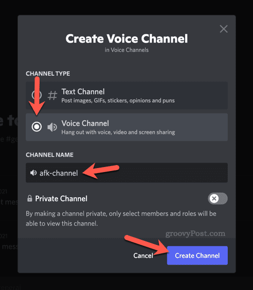 Postavljanje opcija za novi glasovni kanal na Discordu