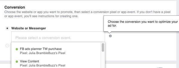 Kada postavljate oglasnu kampanju za konverzije na web mjestu, odaberite piksel koji će se koristiti za praćenje konverzija.