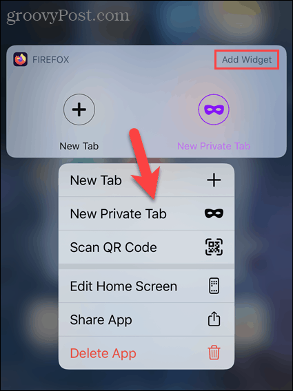 Pritisnite i dugo Firefoxovu ikonu na iOS-u i odaberite New Private Tab