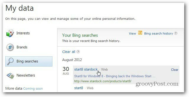 Bing Povijesti pretraživanja