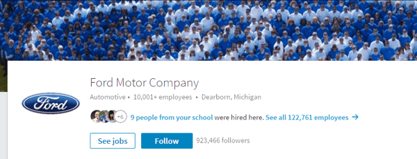 LinkedIn stranica tvrtke Ford Motor Company uključuje relevantne slike i najnovije detalje.