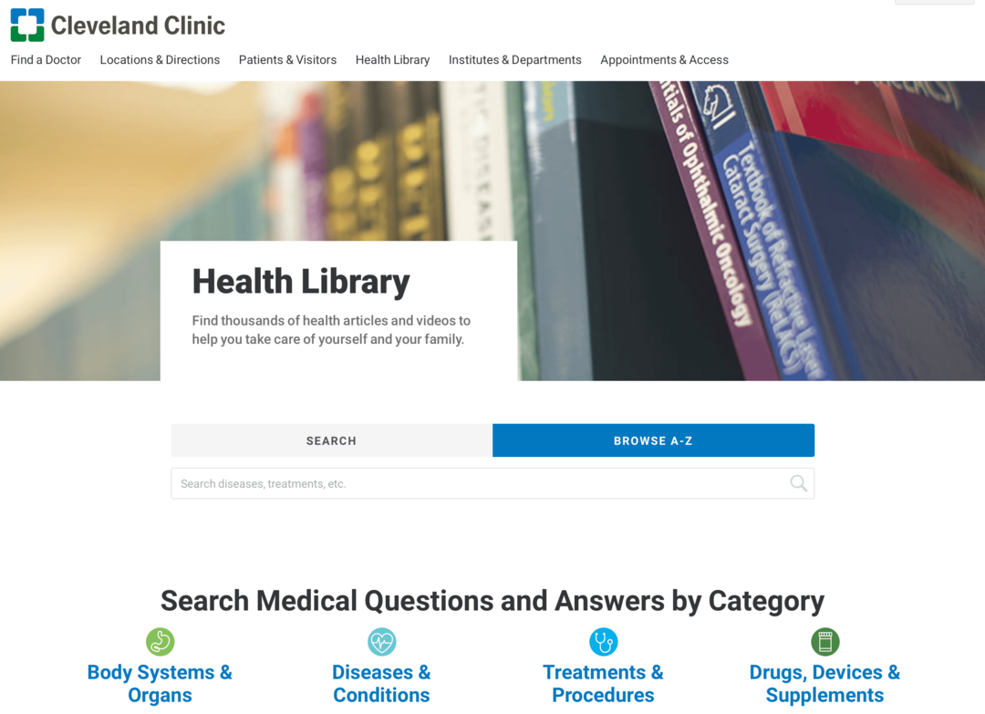 slika web stranice Zdravstvene knjižnice klinike Cleveland