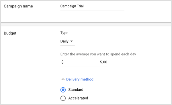 Dodajte naziv i proračun kampanje u Google AdWords.