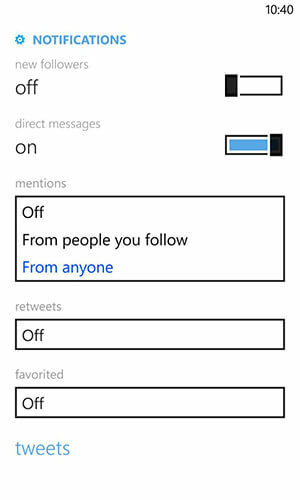 postavke obavijesti o twitteru za Windows Phone -